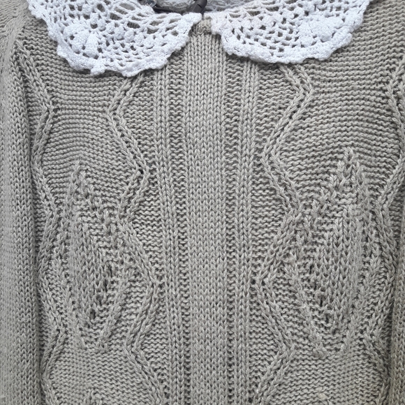 Crochet Lace Collar Sweater Cable Knit Short Sleeve Loose Fit Embroidery Vintage - Picture 5 of 10